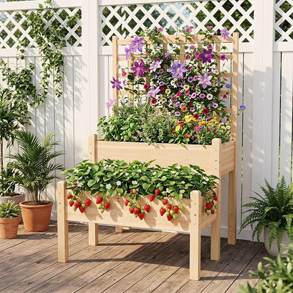Giantex Raised Garden Bed with Trellis, 2-Tier Elevated Planter Box for Climbing Plants, Flowers, Vegetables, Herbs, Outdoor Wooden Vertical Garden Bed with Drainage Holes, for Patio Backyard Balcony