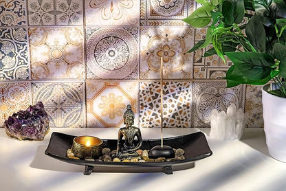 Jovivi Zen Garden Set Buddha Statue w/Tealight Candle Holder, Rocks & Incense Burner Holder & Wood Tray for Yoga Meditation Home Table Decor Gift