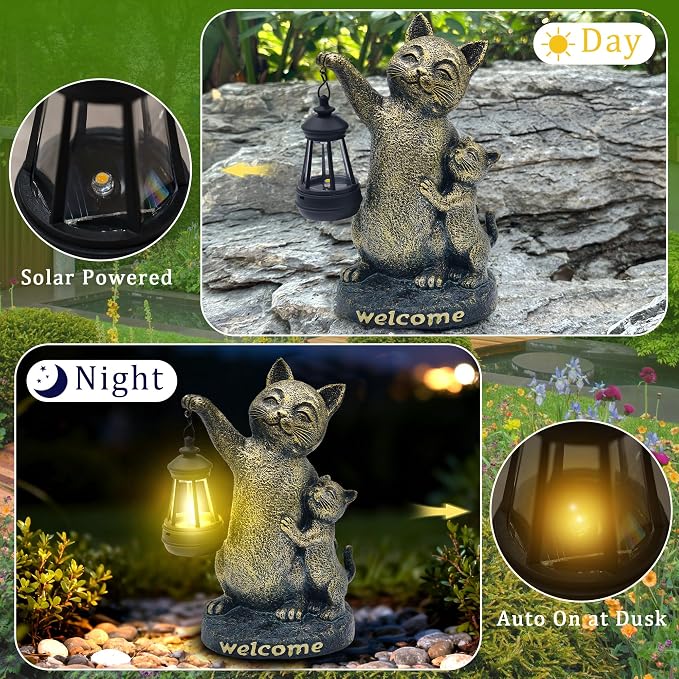 Cat Garden Statue Outdoor Decor - Solar Cat Garden Statue,Cats Figurine Ornaments,Waterproof Outdoor Sculptures for Yard Lawn Backyard Patio Balcony Home Decorations,Unique Cats Gifts for Women