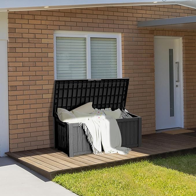 Outdoor Storage Box, 150 Gallon Waterproof Deck Box, Piston-Assisted Resin Trunk for Sectional Sofa Cushions, High-Capacity Lockable Double Storage Bench, Patio Lounge, Black