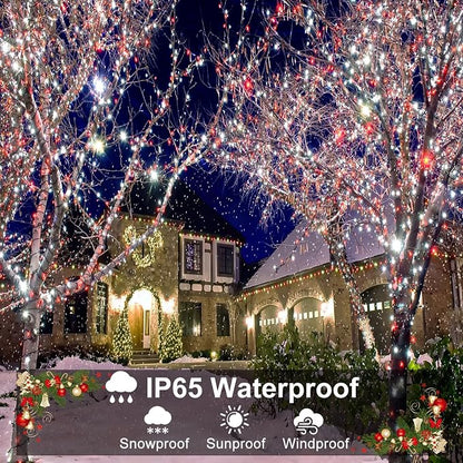 100FT 300 LED Christmas Lights Outdoor, Plug in Christmas Tree Lights Waterproof, 8 Modes String Lights for Outside House Patio Xmas Garden Party Holiday Decorations, Red and White