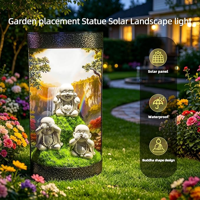See No Evil Hear No Evil Speak No Evil Buddha Statue Solar Landscape Light,Color-Changing LED Light,Waterproof,Outdoor Garden Decoration,Automatic Light-Sensing Design,Zen-Themed