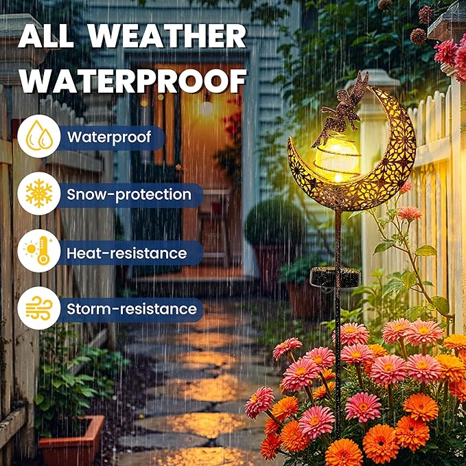 Fairy Garden Solar Lights Outdoor Decor, Moon Garden Stakes, Waterproof Outdoor Metal Decorations Gifts for Women and Mom, Art Moon Sculpture for Walkway, Yard, Patio, Garden and Porch, 1 Pack