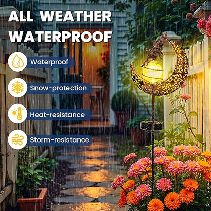 Fairy Garden Solar Lights Outdoor Decor, Moon Garden Stakes, Waterproof Outdoor Metal Decorations Gifts for Women and Mom, Art Moon Sculpture for Walkway, Yard, Patio, Garden and Porch, 1 Pack