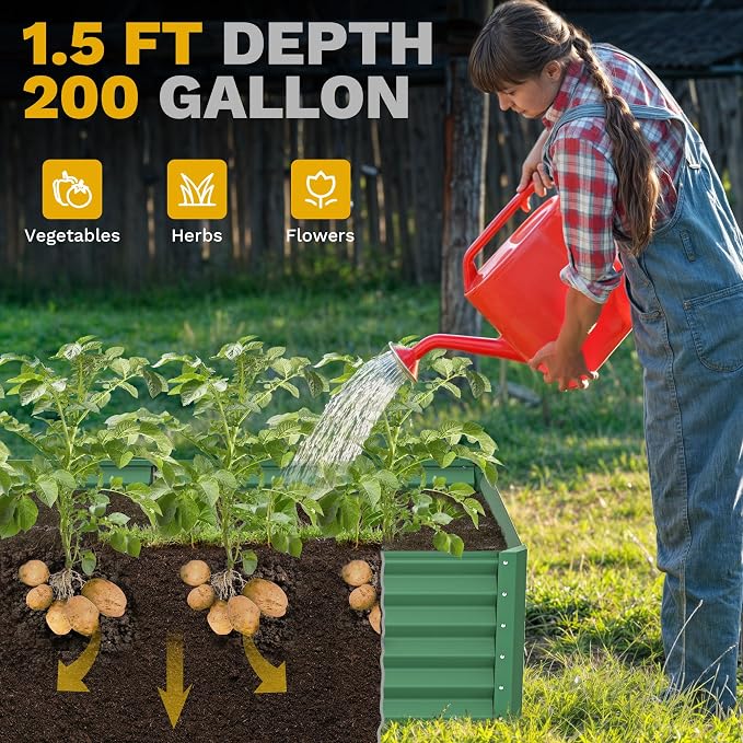 DWVO 6 x 3 x 1.5 FT Raised Garden Bed Kit, Outdoor Galvanized Flower Bed with Gloves, Large Metal Planter Box for Vegetables, Flowers, Herbs, Fruits, Green