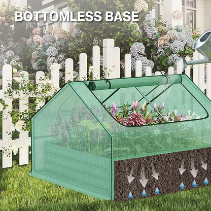 Aoodor 4 x 4 x 1 ft Galvanized Raised Garden Bed, Mini Greenhouse Kit with 2 Roll-up Zipper Doors for Vegetables, Flowers, and Herbs,Green