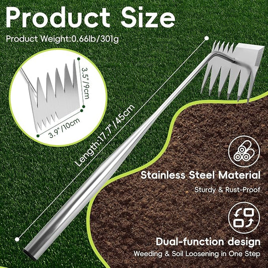 Weed Puller Tool,Newly Upgraded 6 Teeth Portable Manual Weeding Tools Gardening, Dual Head Stainless Steel Hand Garden Weeding Rake,Multi-Purpose 17.7" Weed Remover Tool Weeding Tools for Gardening