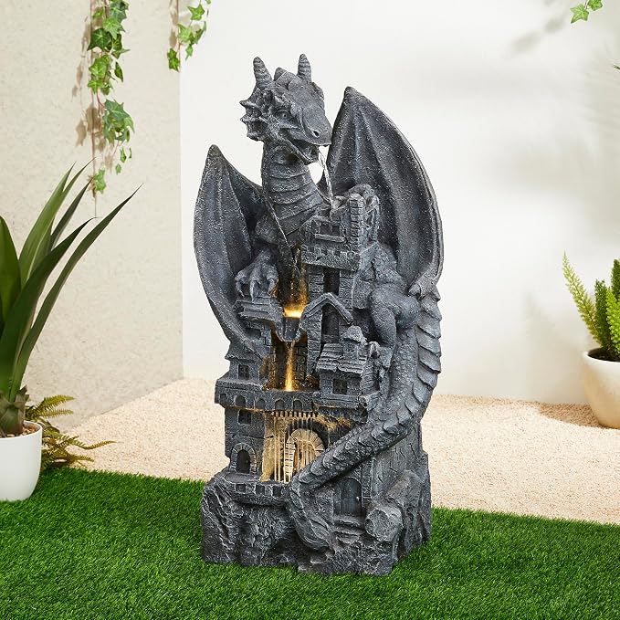 Glitzhome 37"H 4 Tiers Resin Waterfalls Water Fountain, Mystical Gothic Dragon Perched Atop The Castle Sculptural with Pump & LED Light Indoor Outdoor Floor Fountain for Garden Patio Backyard Decking