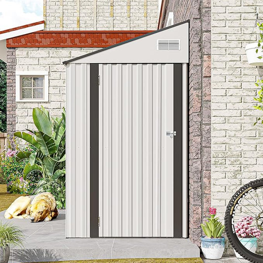 KEIKI 4' x 8' Outdoor Storage Shed with Single Hinge Door, All Weather Metal Lean to Shed with Vents, Garden Tool Shed for Bike,Toy, Garbage Can, White