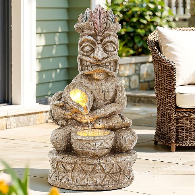 23" H Tiki Statue Outdoor Water Fountain with LED Lights | 2-Tier Tropical Artistic Water Feature with Soothing Cascading Waterfall for Relaxing Meditative Patio Backyard or Porch