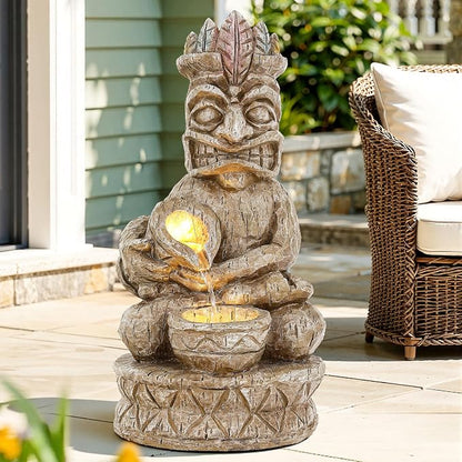 23" H Tiki Statue Outdoor Water Fountain with LED Lights | 2-Tier Tropical Artistic Water Feature with Soothing Cascading Waterfall for Relaxing Meditative Patio Backyard or Porch