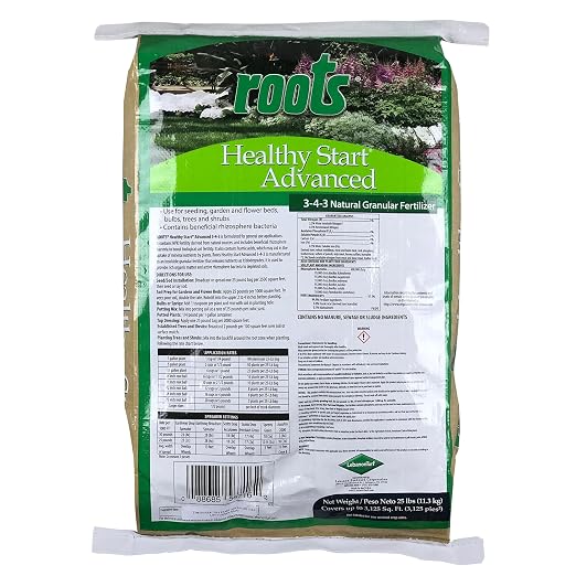 Roots Healthy Start Advanced 3-4-3 Natural Granular Fertilizer 25 lb. Bag | Includes beneficial bacteria, slow release nitrogen for use soil prep for garden & flower beds, potting mix, trees and shrubs
