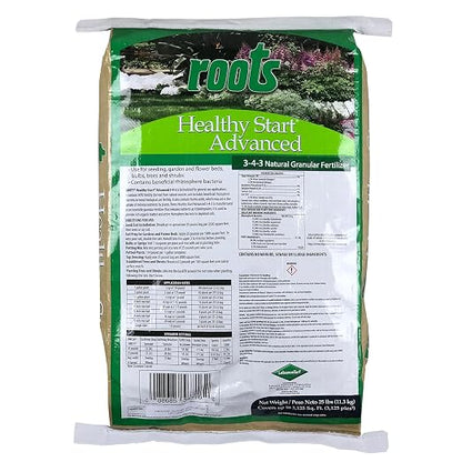 Roots Healthy Start Advanced 3-4-3 Natural Granular Fertilizer 25 lb. Bag | Includes beneficial bacteria, slow release nitrogen for use soil prep for garden & flower beds, potting mix, trees and shrubs
