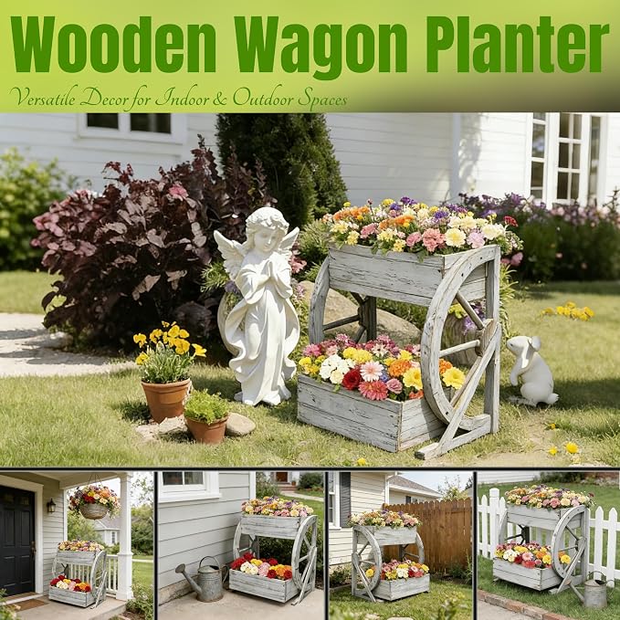 NestNature Wooden Wagon Planter Box|Rustic Planter Use On Indoor&Outdoor | 2-Tier Medium Solid Wood Planter-Flower Pot Use On Patio,Porch,Garden-Raised Garden Bed For Succulents, Herbs, Vegetables