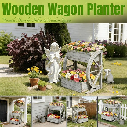 NestNature Wooden Wagon Planter Box|Rustic Planter Use On Indoor&Outdoor | 2-Tier Medium Solid Wood Planter-Flower Pot Use On Patio,Porch,Garden-Raised Garden Bed For Succulents, Herbs, Vegetables