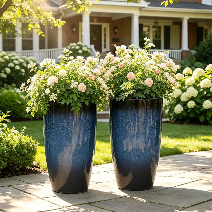 Autodaya 23.8" Large Cobalt Blue Tall Planters, Set of 2 Plastic Pots | Gradient Cobalt Blue Finish, Lightweight And Weather-Resistant Plastic Build, for Porch, Garden, Patio, Deck, or Indoor Use