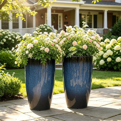 Autodaya 23.8" Large Cobalt Blue Tall Planters, Set of 2 Plastic Pots | Gradient Cobalt Blue Finish, Lightweight And Weather-Resistant Plastic Build, for Porch, Garden, Patio, Deck, or Indoor Use