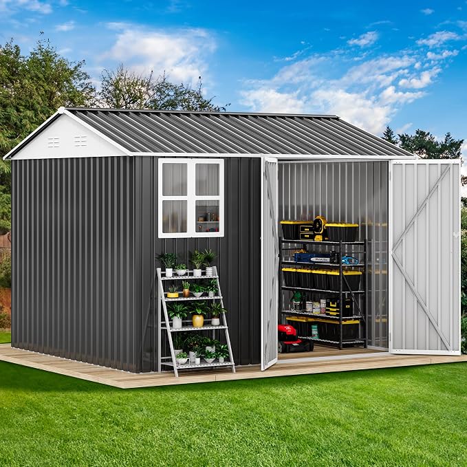 DWVO 10' x 8' Outdoor Storage Shed, Waterproof Metal Garden Shed with Windows, Lockable Doors, and Sloped Roof for Patio, Backyard, Lawn, Tool Storage, Bike Shed, Pet Shelter (Gray + White)