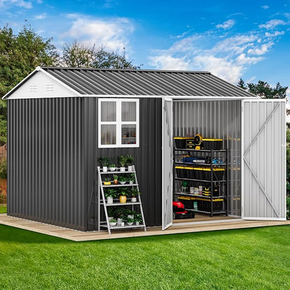 DWVO 10' x 8' Outdoor Storage Shed, Waterproof Metal Garden Shed with Windows, Lockable Doors, and Sloped Roof for Patio, Backyard, Lawn, Tool Storage, Bike Shed, Pet Shelter (Gray + White)