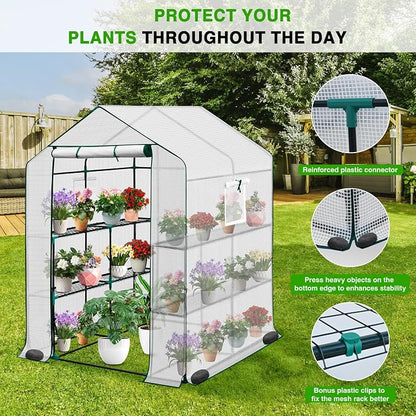 Yesker Greenhouse 57.5"x57"x77" Walk in Green House - Large Outdoor/Indoor Greenhouses with 8 Shelves Waterproof PE Cover & Windows, Portable Greenhouse Kit for Winter Backyard Gardening Patio, White