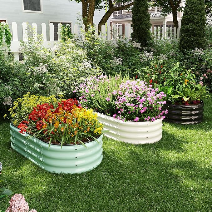 ZFHgarden Galvanized Metal Planter Round Raised Garden Bed Kit for Gardening Outdoor，2x2x1ft 2pc Grow Garden Box Raised Flower Bed，Round Galvanized Planter Outdoor Metal Fire Pit Ring Black