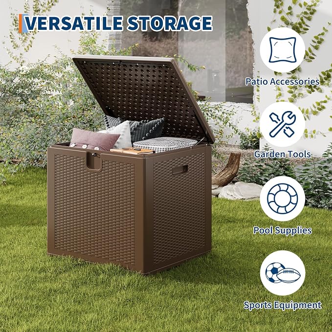 IDEALHOUSE 80 Gallon Resin Deck Box, Waterproof Outdoor Storage Box with Lockable Lid & UV Resistant, Patio Furniture Cushion Storage Container for Garden, Backyard, Poolside (Brown)