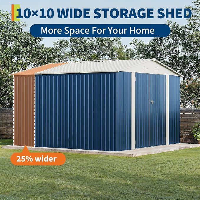 Garvee 10x10 FT Metal Storage Shed – Lockable Doors, Floor Frame, Blue | Spacious 10x10 interior – stores bikes, tools, and more.