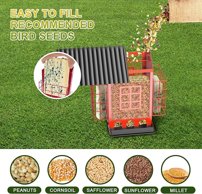 FlowaFoli Bird Feeders for Outdoors Hanging, Metal Bird Feeder with Double Suet Cage Cake, Large Capacity, Birdfeeders Sturdy & Weatherproof, Easy to Clean & Refill, Great for Attracting Wild Birds
