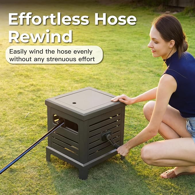 Relhost Hose Reel, Heavy Duty Metal Deck Box Hideaway Holds 125 ft x 5/8" Hose, Garden Hose Reel with Never-Leak System, Manual Crank Handle, Hose Guide, Ideal for Yards, Patios, and Garden Sheds