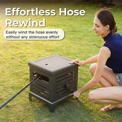 Relhost Hose Reel, Heavy Duty Metal Deck Box Hideaway Holds 125 ft x 5/8" Hose, Garden Hose Reel with Never-Leak System, Manual Crank Handle, Hose Guide, Ideal for Yards, Patios, and Garden Sheds
