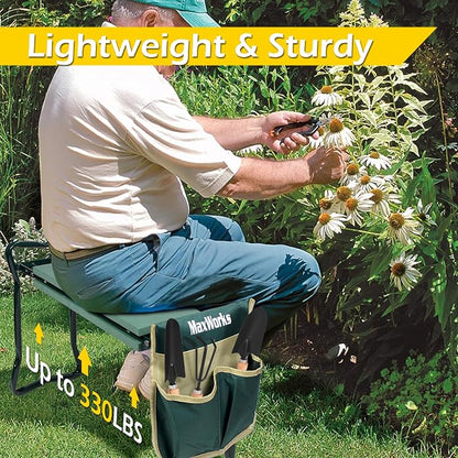 MaxWorks 50921 Folding Garden Kneeler Stool with 8 inch Wide Kneeling Pad, with 1 Tools Pouch for Planting and Gardening