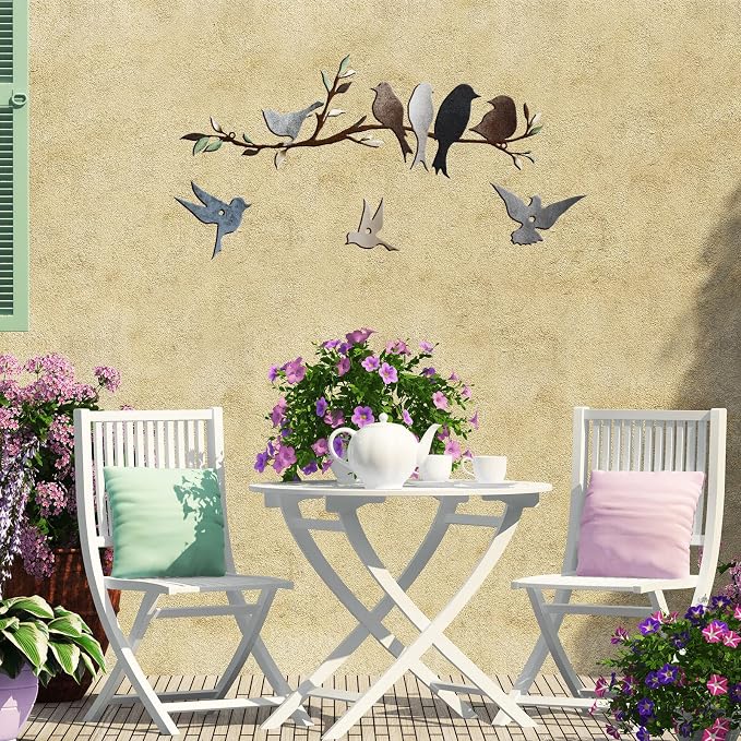 Ferraycle Metal Bird Wall Art Birds on the Branch Decor Metal Sculpture Silhouette Ornament Branch Wall Hanging Sign for Balcony Garden Home Decor(Dark Colors)
