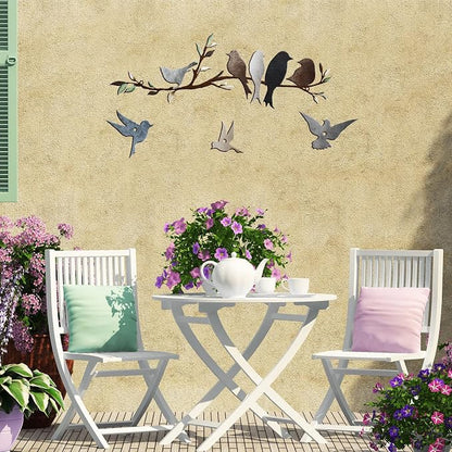 Ferraycle Metal Bird Wall Art Birds on the Branch Decor Metal Sculpture Silhouette Ornament Branch Wall Hanging Sign for Balcony Garden Home Decor(Dark Colors)