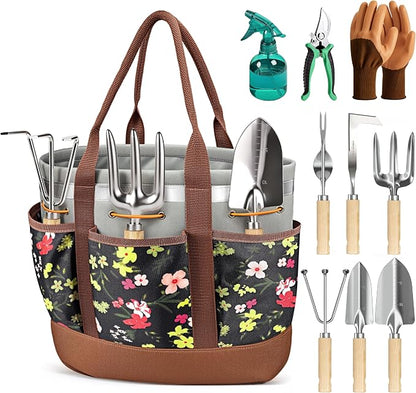 10-Piece Garden Tool Set, Heavy-Duty Stainless Steel Rust-Proof Gardening Tools with Ergonomic Wood Handles, Reinforced Organizer Handbag for Planting, Gardening Gift Set for Women, Mother