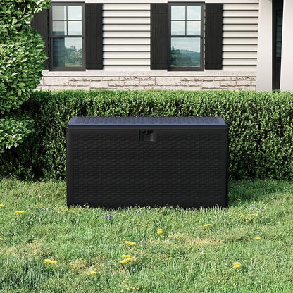 Garvee 120 Gallon Waterproof Large Resin Deck Box Indoor Outdoor, Lockable Storage Container for Patio Furniture Tools, Waterproof Deck Box with Hydraulic Rod Patio Storage Bin for Pool Garden, Black