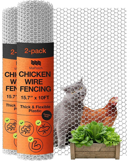 Maporch Plastic Chicken Wire Fencing for Pet Protection - 15.7" x 10ft, HDPE White Chicken Wire - Garden Fence Animal Barrier for Dogs, Cats and Rabbits (2-Pack) | 15.7" x 10ft - HDPE Home and Garden Netting - UV Resistant - Customizable Balcony Barrie...