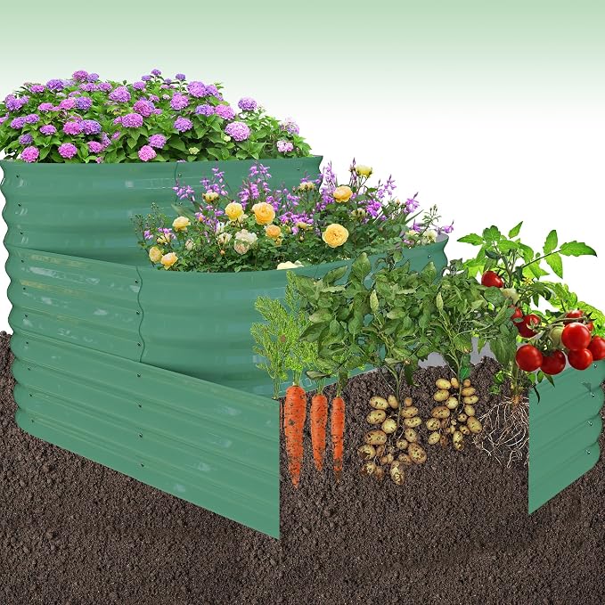 IDEALHOUSE 3-Tier Galvanized Raised Garden Bed 60.6x42.1x30.7 Inch, Exclusive Layered Planting Design for Shallow & Deep Root Plants, Eliminates Root Competition, Maximize Vertical Space, Green