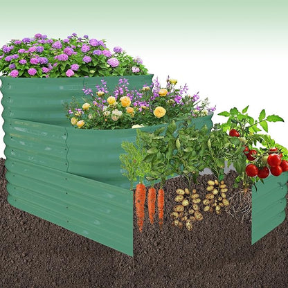 IDEALHOUSE 3-Tier Galvanized Raised Garden Bed 60.6x42.1x30.7 Inch, Exclusive Layered Planting Design for Shallow & Deep Root Plants, Eliminates Root Competition, Maximize Vertical Space, Green