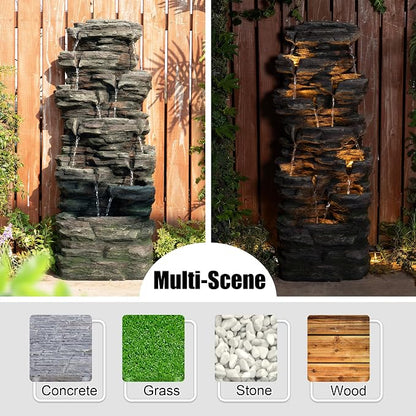 Glitzhome Outdoor Water Fountain, 9-Tiered Rock Floor Fountain with Cascading Water, 39.25" H Polyresin Waterfall Fountain with Pump and LED Light Outdoor Water Feature for Garden Yard Patio Porch