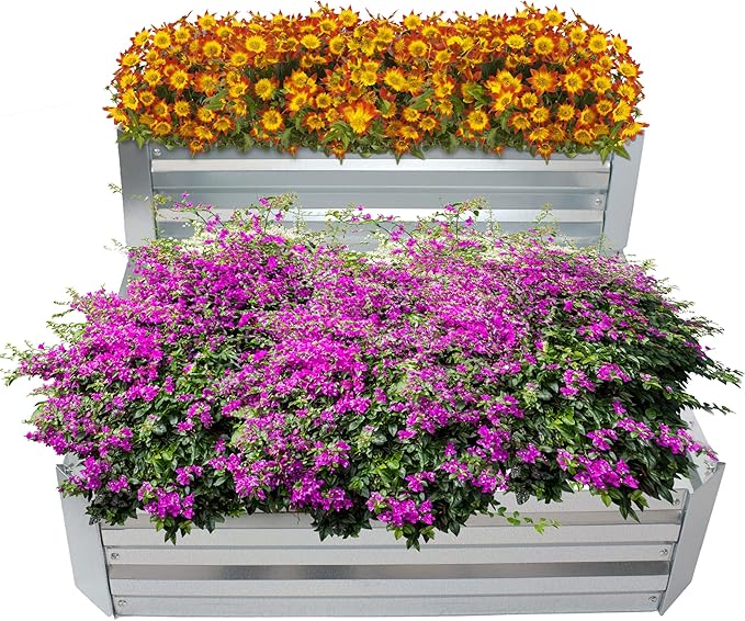 Sunnydaze 2-Tier Galvanized Steel Raised Garden Bed - for Flowers, Plants, and Vegetables - 94.5-Gal Soil Capacity - Silver