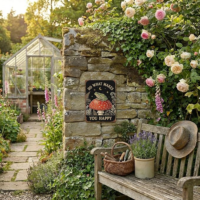 Garden Decor Sign Do What Makes You Happy Frog Wall Art | Nature Lovers • Garden Patio Display • Garden Theme • Whimsical Cottage Style • UV Printed • 8x12 Inch