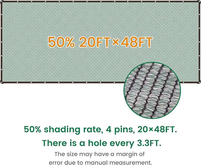 Shade Cloth, 20FT X 48FT 50% Green Outdoor Woven Sun Shade with Grommets, Durable Breathable Netting Shading Antifreezing for Patio, Garden, DIY Home, Plants Cover, Greenhouse, Dog Kennel