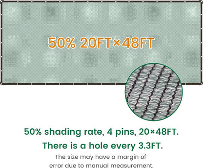 Shade Cloth, 20FT X 48FT 50% Green Outdoor Woven Sun Shade with Grommets, Durable Breathable Netting Shading Antifreezing for Patio, Garden, DIY Home, Plants Cover, Greenhouse, Dog Kennel
