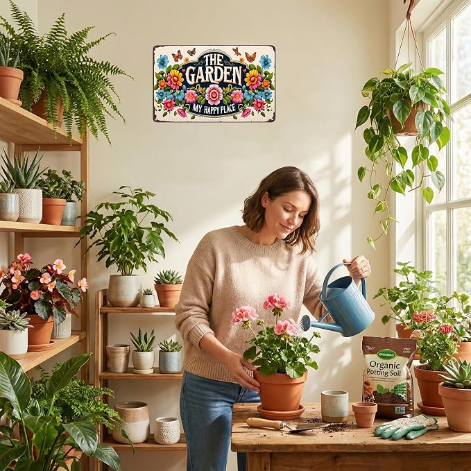 Smilelife Plants Gifts The Garden My Happy Place Vintage Tin Sign for Garden Patio Porch Yard She Shed Decor 8x12 Inch (3902)