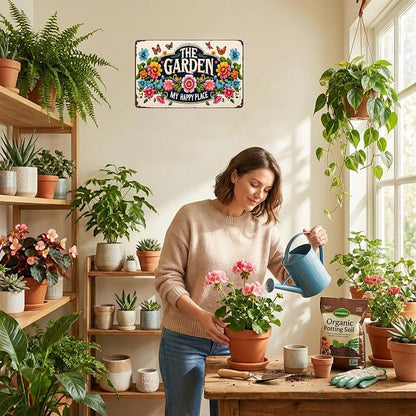 Smilelife Plants Gifts The Garden My Happy Place Vintage Tin Sign for Garden Patio Porch Yard She Shed Decor 8x12 Inch (3902)