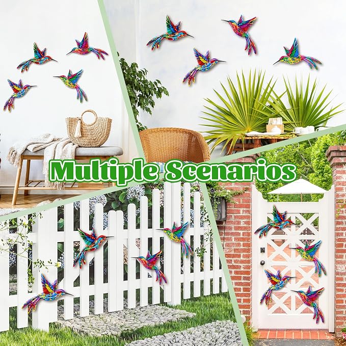 ULENDIS 4 Pack Metal Hummingbird Wall Art Decor, 3D Colorful Outdoor Wall Art Fence Decorations for Patio and Yard, Wall Sculpture Hanging Decor for Garden Living Room Balcony (C)
