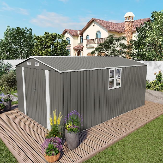 YOPTO 10x14 FT Large Outdoor Storage Shed,Durable Metal Garden Shed with Three Lockable Doors and Two Windows,Waterproof Tool Shed for Backyard Patio,All-Weather Shelter for Bike,Lawn Mowers,Grey