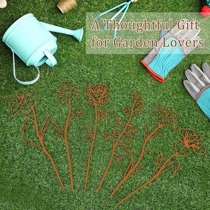 Rusty Metal Flowers for Outside, 6 PCS Decorative Garden Stakes, Metal Yard Art Outdoor Flower Bed Decor, Garden Stakes Decorative for Lawn, Pots, Walkway