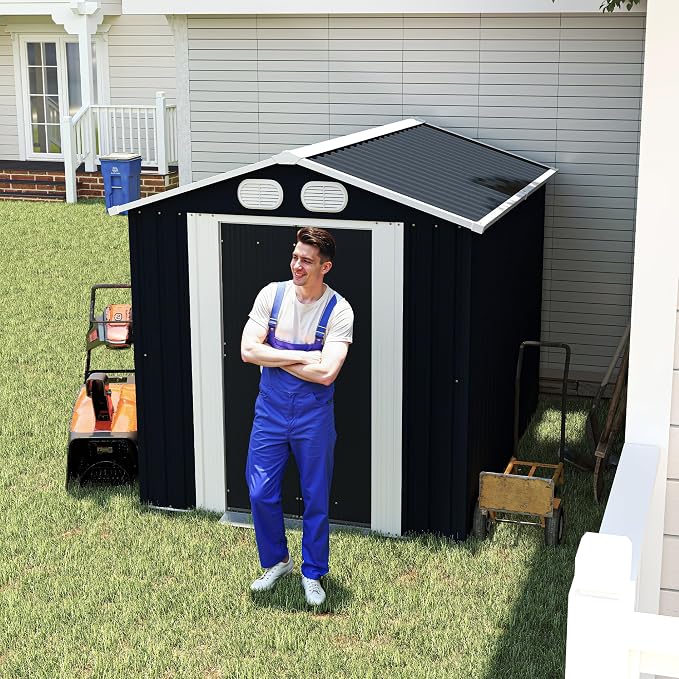 KEIKI 8x6 FT Outdoor Storage Shed, Heavy Duty Metal Garden Shed with Lockable Sliding Doors, Air Vents & Sloped Roof, Waterproof Backyard Tool Shed for Lawn Equipment, Patio Furniture, Dark Gray