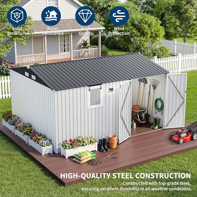 Garvee 10 x 12 FT Heavy-Duty Metal Outdoor Storage Shed with Motion Sensor Solar Light and Window,Pegboard Tool Organizer, Lockable Doors and 4 Air Vents, Garden Shed for Patio, Garage, Backyard
